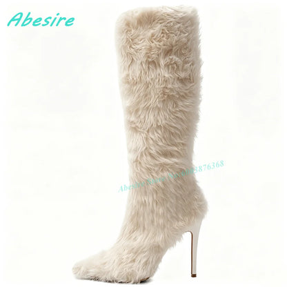 White Faux Fluffy Fur Knee High Boots Pointed Toe Stiletto Heels Side Zipper Women's Boots Spicy Girls Fashion Show Winter Shoes