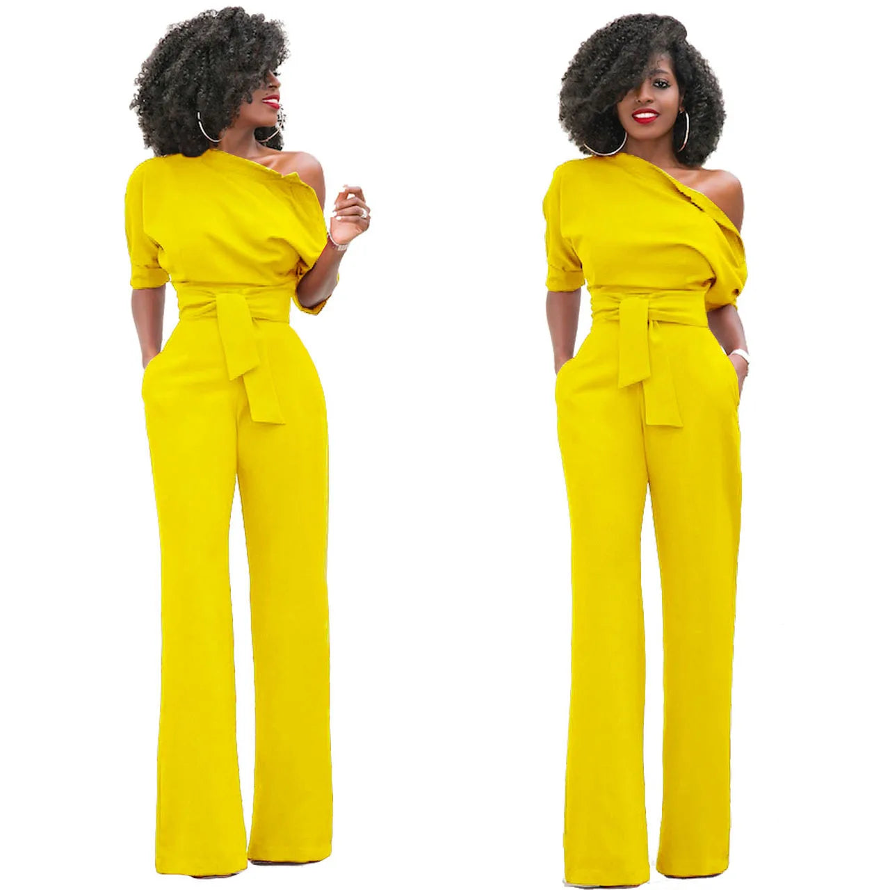 2024 Summer New Fashion Women's Jumpsuit Solid Color Slanted Shoulder Elegant Temperament Sleeveless Long Wide Leg Jumpsuit