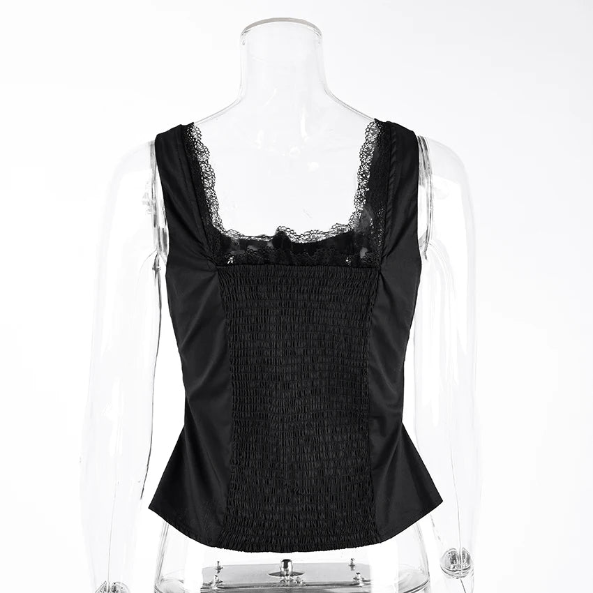 Linad Vintage Lace Square Collar Tank Top For Woman 2026 Street Chic Black Single Breasted Camisole Fashion Cotton Tops Spring