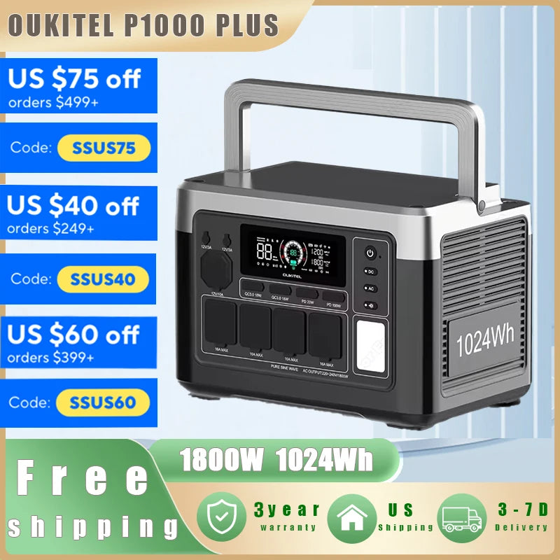 OUKITEL P1000 PLUS Portable Power Station 1800W Solar Generator 1024Wh Lifepo4 Battery Home Backup Outdoor Camping Mobile power