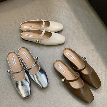 Soft Leather 2025 Ins Silver Buckle Strap Casual Shoes Fashion Flats Elegant Glitter Metallic Mules Shoes Cover Toe Slippers