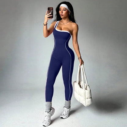 Women Sports One Shoulder Jumpsuits Tracksuits Yoga Pants Bodysuits Line Workout Fitness Gym Training Athletic Tights Suits