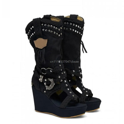 Women Western Cowboy Wedge Sandals Boots Tassel Fringe Rivet Decor Platform Boot High Heel Open Toe High Heel Casual Shoes 2026