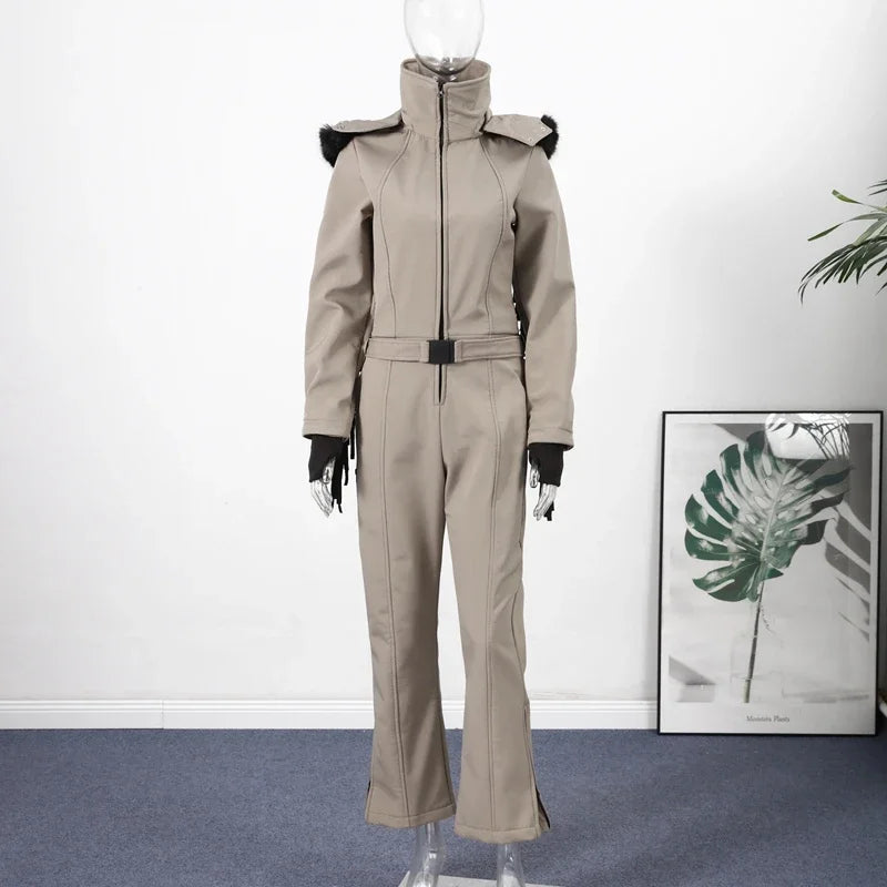 Thicken One-piece Ski Suit Women Faux Fur Hooded Tassels Coat High Waist Belt Jumpsuit 2025 Winter Windproof Waterproof Skiwears