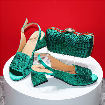 High Heels Shoes for Women Embroidery Rhinestone Italian Design Blue Color Pointed Toe Shoes and Bags Set Fashion