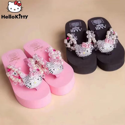 Sanrio Hello Kitty Y2K Soft Flip Flop Sandals Beach Slides Shoes Women Casual Wedge High Heels Platform for Slippers Ladies Gift