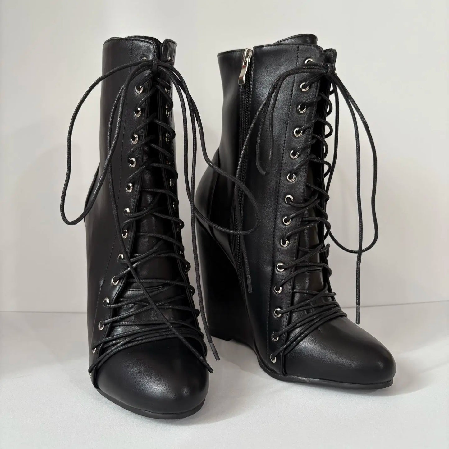 Patchwork Wedge Platform Ankle Boots Women Fashion Round Toe Front Lace Up Shoes Ladies Punk Chic Zipper Suede Cross Tied Boots