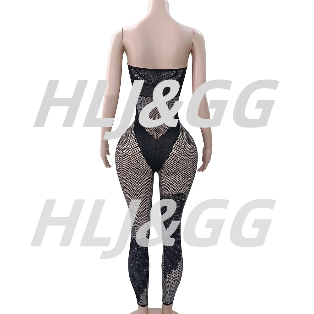 HLJ&GG Sexy Off Shoulder Hollow Out Bodycon One Piece Jumpsuits Women Sleeveless Backless Slim Playsuit Fashion Stretchy Overall