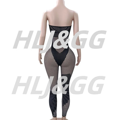 HLJ&GG Sexy Off Shoulder Hollow Out Bodycon One Piece Jumpsuits Women Sleeveless Backless Slim Playsuit Fashion Stretchy Overall