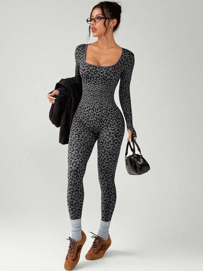 Women Leopard Print Tight Jumpsuit Slimming Hip Hugging Long Sleeve U Collar Stretchy