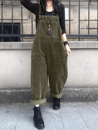 Autumn Corduroy Jumpsuits 2025 ZANZEA Women Overall Pants Casual Suspender Fashion Wide Leg Playsuits Rompers Streetwear Trouser