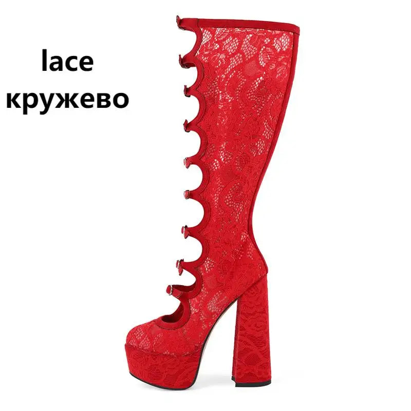 Onlymaker Women Pink Platform Multibuckle Strap Knee High Boots Big Size Comfy Female Side Zipper Mondern Boots