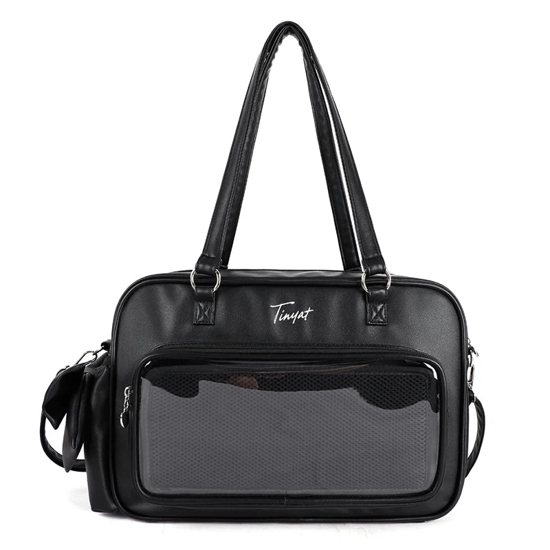 TINYAT PU Y2K Ita Bag Tote Lolita Girl Clear Window Display Message Bag Large Capacity Daily Commuting Handbag for Women School