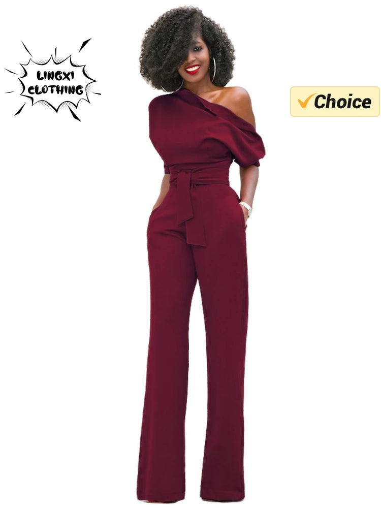 2024 Summer New Fashion Women's Jumpsuit Solid Color Slanted Shoulder Elegant Temperament Sleeveless Long Wide Leg Jumpsuit