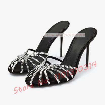 Gemstone High Heel Silk Slippers Women Luxury Caged Stiletto Heels Metallic Slippers Ladies Stylish Cross Strap Summer Shoes
