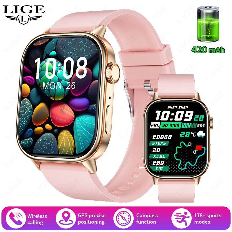 LIGE 2026 For Android IOS GPS Smart Watch Women 2.01" HD Screen Heart Rate Bluetooth Call Compass IP68 Waterproof Men Smartwatch