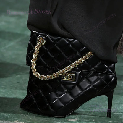 Red Handbag Chain Boots Pointed Toe Women Brown Leather Plaid Metal Buckle Heels Ankle Calf Booties Girl White Stiletto Shoes