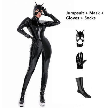 Latex Catsuit Women Wet Look Shiny PU Faux Leather Jumpsuits Suit Long Sleeve Zip Open Crotch Bodysuit Clubwear Plus Size S-5XL