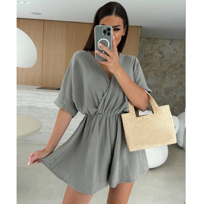 Women's Playsuits Summer 2026 Beach V Neck Short Sleeve Women's Jumpsuits Shorts Loose Casual Simple Vacation Women's Rompers