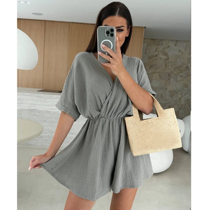 Women's Playsuits Summer 2026 Beach V Neck Short Sleeve Women's Jumpsuits Shorts Loose Casual Simple Vacation Women's Rompers