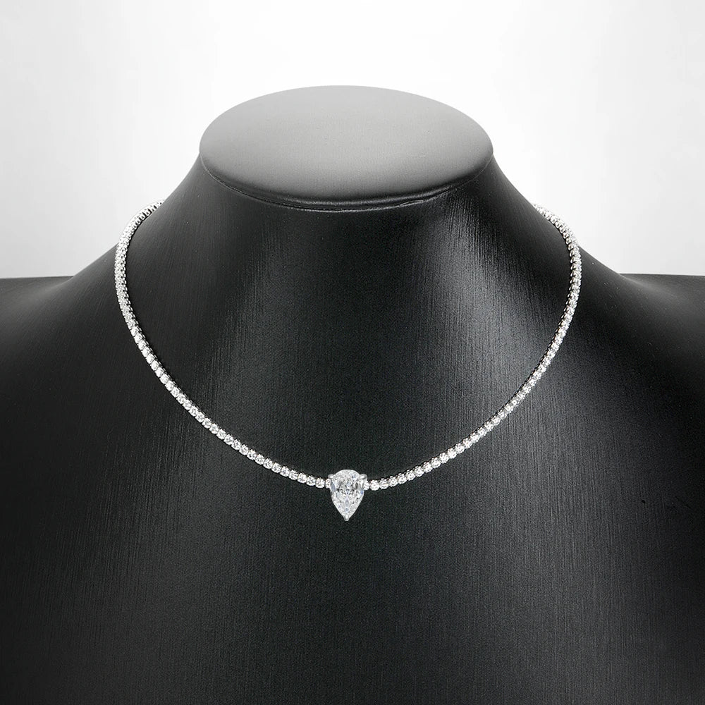 2mm Round Moissanite Riviera Tennis Necklace&Pear Cut Diamond Pendant Adjustable Choker for Women 925 Sterling Silver Jewelry