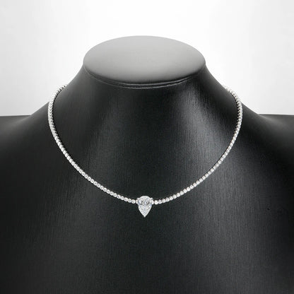 2mm Round Moissanite Riviera Tennis Necklace&Pear Cut Diamond Pendant Adjustable Choker for Women 925 Sterling Silver Jewelry