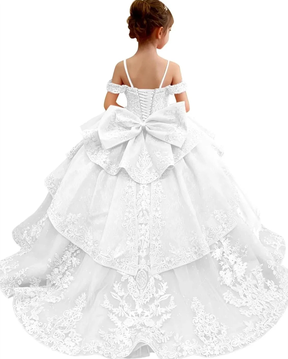 Customized Pink Flower Girl Dress For Wedding Bowknot Appliques Short  Sleeve Floor Length Kids Birthday First Communion Gown