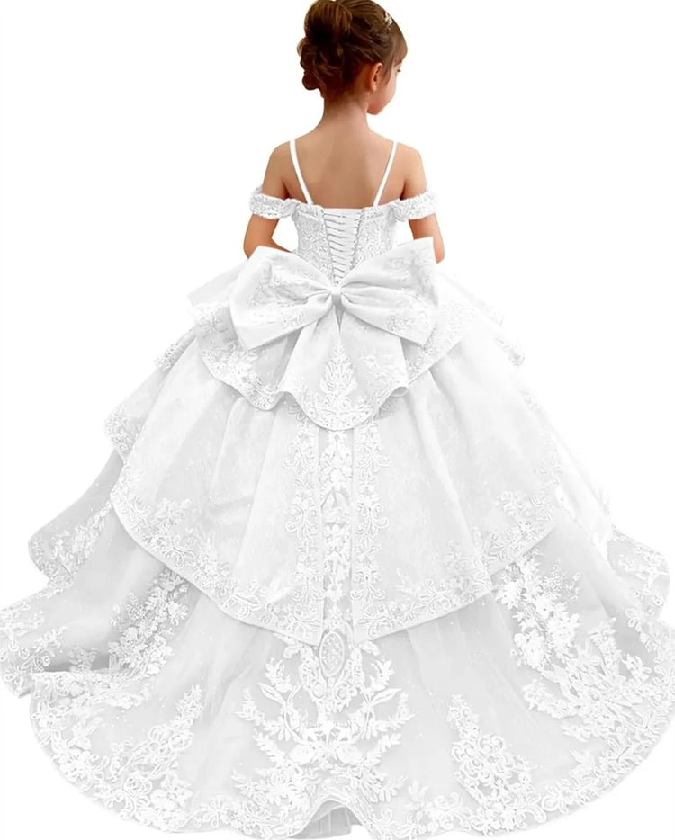 Customized Pink Flower Girl Dress For Wedding Bowknot Appliques Short  Sleeve Floor Length Kids Birthday First Communion Gown