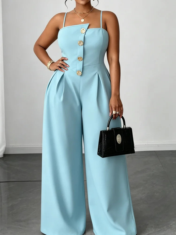 Plus Size Women Elegant Spaghetti Strap Jumpsuit Front Gold Button Pleated High Waist Wide Leg Pants Formal Party Long Jumpsuit