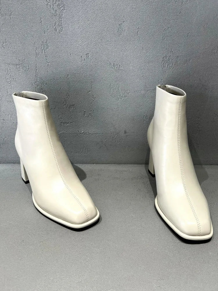 Concise Female Genuine Leather Square Toe Chunky Heel Ankle Boots Versatile Solid Color Cowhide Zipper Hard Wearing Footwear