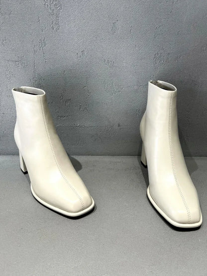 Concise Female Genuine Leather Square Toe Chunky Heel Ankle Boots Versatile Solid Color Cowhide Zipper Hard Wearing Footwear