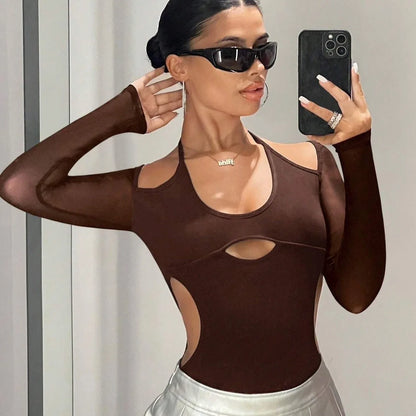 Sexy Spicy Hot Girl Women Brown Summer Design Sexy Hollow Out Long Sleeve Slimming Lace up Top Slim Fit Jumpsuit Fashion Summer