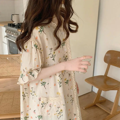 Girl Pajamas Sweet Cute Little Bouquet Printed Bubble Cotton Nightgown Lace Loungewear Princess Wind Women Homewear Dress
