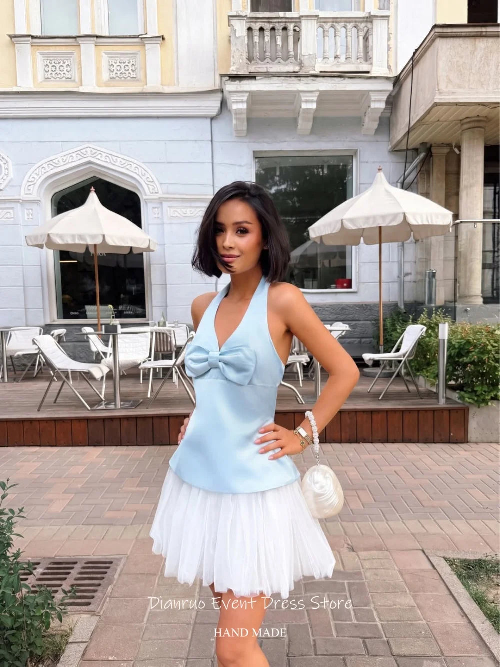 Dianruo Girly Halter Neck Prom Dresses A Line Deep V Neck Birthday Party Dresses Mini Satin Bow Homecoming Dresses Customized