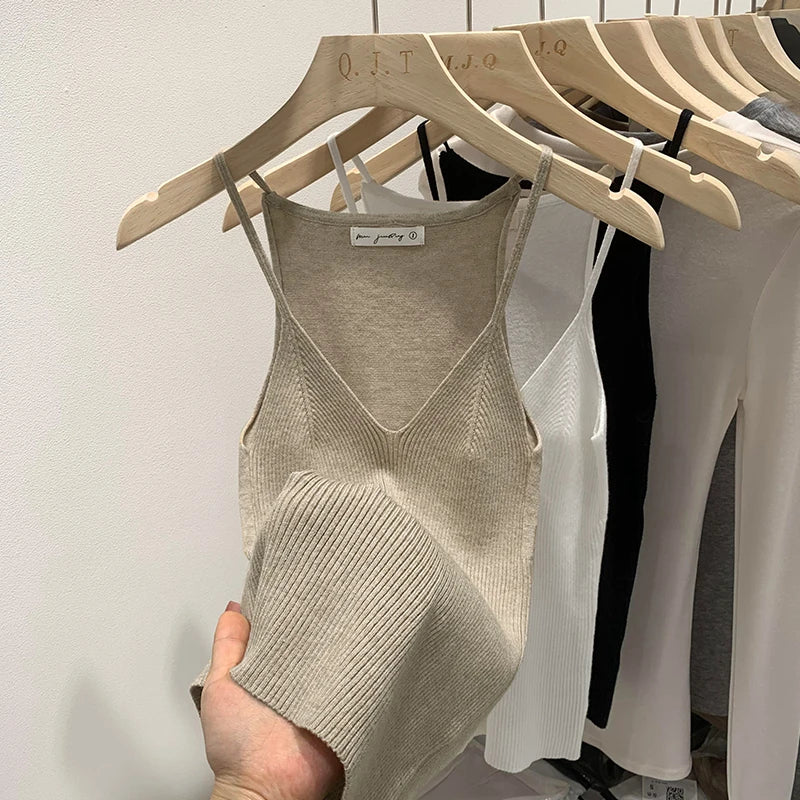 2026 Women Summer Style Sleeveless Vest Solid Color Slim Fit V Neck Knitted Top Fashionable Versatile Base Layer Knit Tank Tops