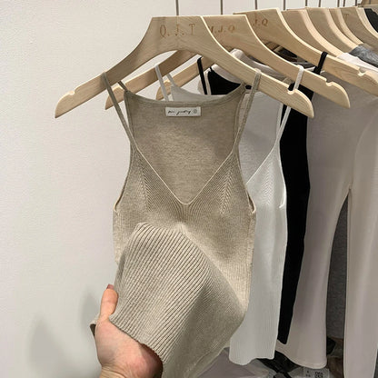 2026 Women Summer Style Sleeveless Vest Solid Color Slim Fit V Neck Knitted Top Fashionable Versatile Base Layer Knit Tank Tops