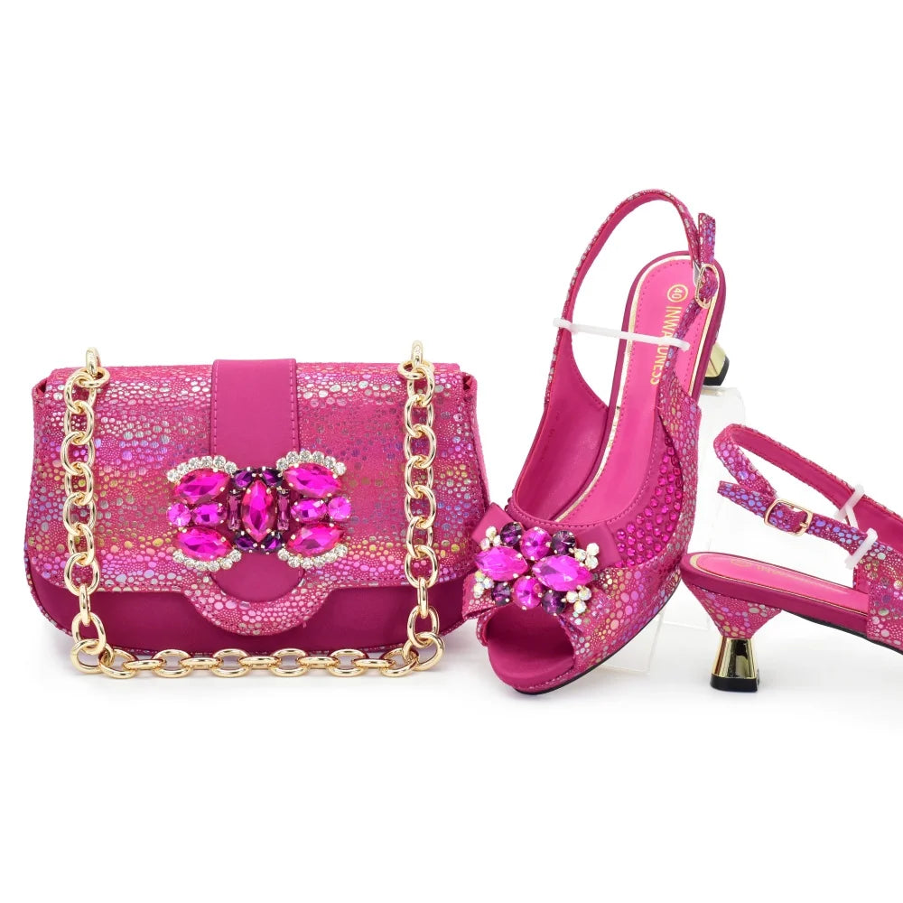 New Arrival Nigerian Women Heel Party Shoes and Bag Set Champagne Colour Rhinestone Handbag Italian Design Wedding