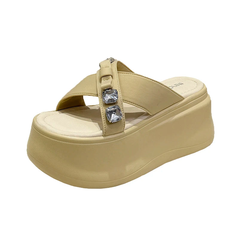 Summer Women's Luxury Rhinestone Bow Platform Wedge Slides Sandals Height Increasing Cross Open Toe Casual Beach Slippers Shoes