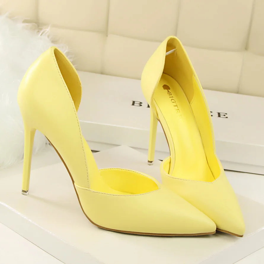 Summer Women 10.5cm High Heels Leather Pumps Female Escarpins Elegant Sweet Yellow Pink Stiletto Lady Wedding Heels Hollow Shoes