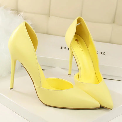 Summer Women 10.5cm High Heels Leather Pumps Female Escarpins Elegant Sweet Yellow Pink Stiletto Lady Wedding Heels Hollow Shoes