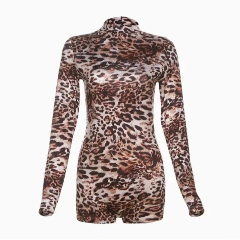 European American Autumn New Women's Clothing Fashion Trend Round Neck Long Sleeved Sexy Leopard Print Printing Tight Jumpsuit
