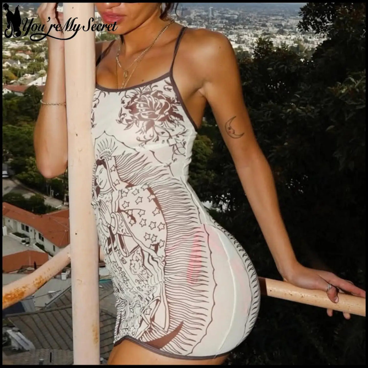 [You're My Secret] Y2K Virgin Mary Print Bodycon Mini Dress Our Lady of Guadalupe Floral Cami Slip Dress Gothic Club Outfits
