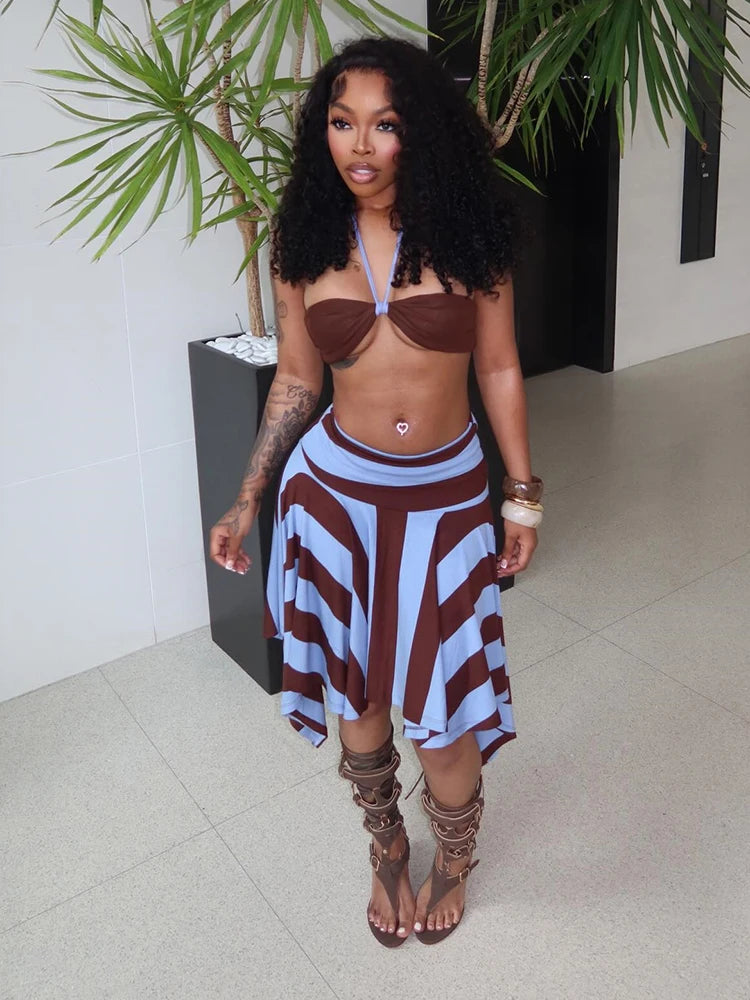 Weird Puss Sexy Fashion 2 Piece Set Woman Halter Long Rope+Skinny Tube Tops+Stripe Patchwork Mid Skirts Beach Party Style Suits