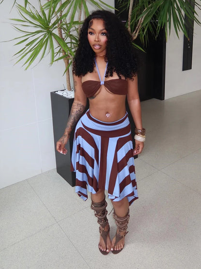 Weird Puss Sexy Fashion 2 Piece Set Woman Halter Long Rope+Skinny Tube Tops+Stripe Patchwork Mid Skirts Beach Party Style Suits