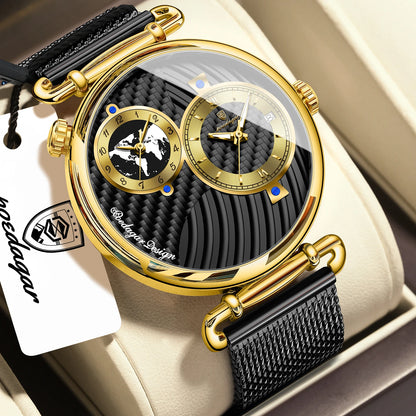 POEDAGAR Original Fashion Man Wristwatch Multiple Time Zone Display Waterproof Calendar Men Watch Mesh Stainless Steel Quartz Business Men's Watches Reloj