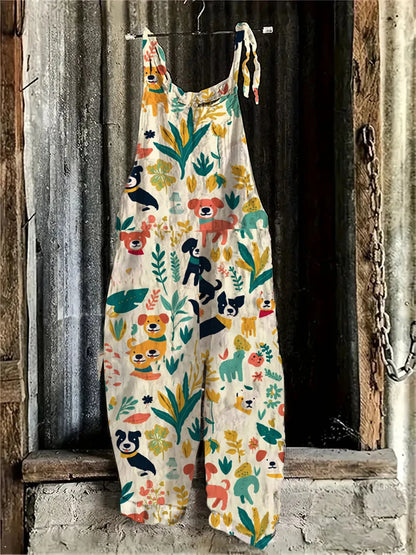 Cute Puppy Print Women's Jumpsuit, Breathable Cotton-Like Jumpsuit