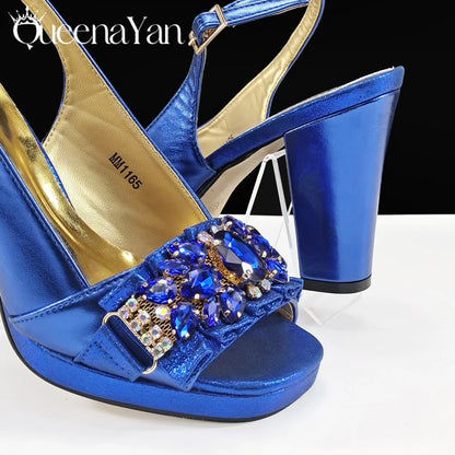 Queena Yan New Arrival Mature Elegant Silver Color Rhinestore Design Party Wedding Lady Shoes and Bag Set for Platform Design