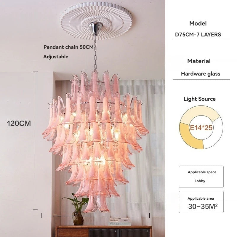 French Murano Petal Glass Chandelier Dining Table Living Room Antique Style Pink Petal Glass Pendant Chandelier Lights Bedroom