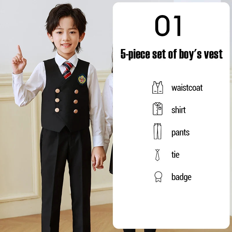 5 Pcs British Style College Kindergarten School Uniform JK Outfits Kid Shirt Pleated Skirt Suit Chorus Performance Costume Dress