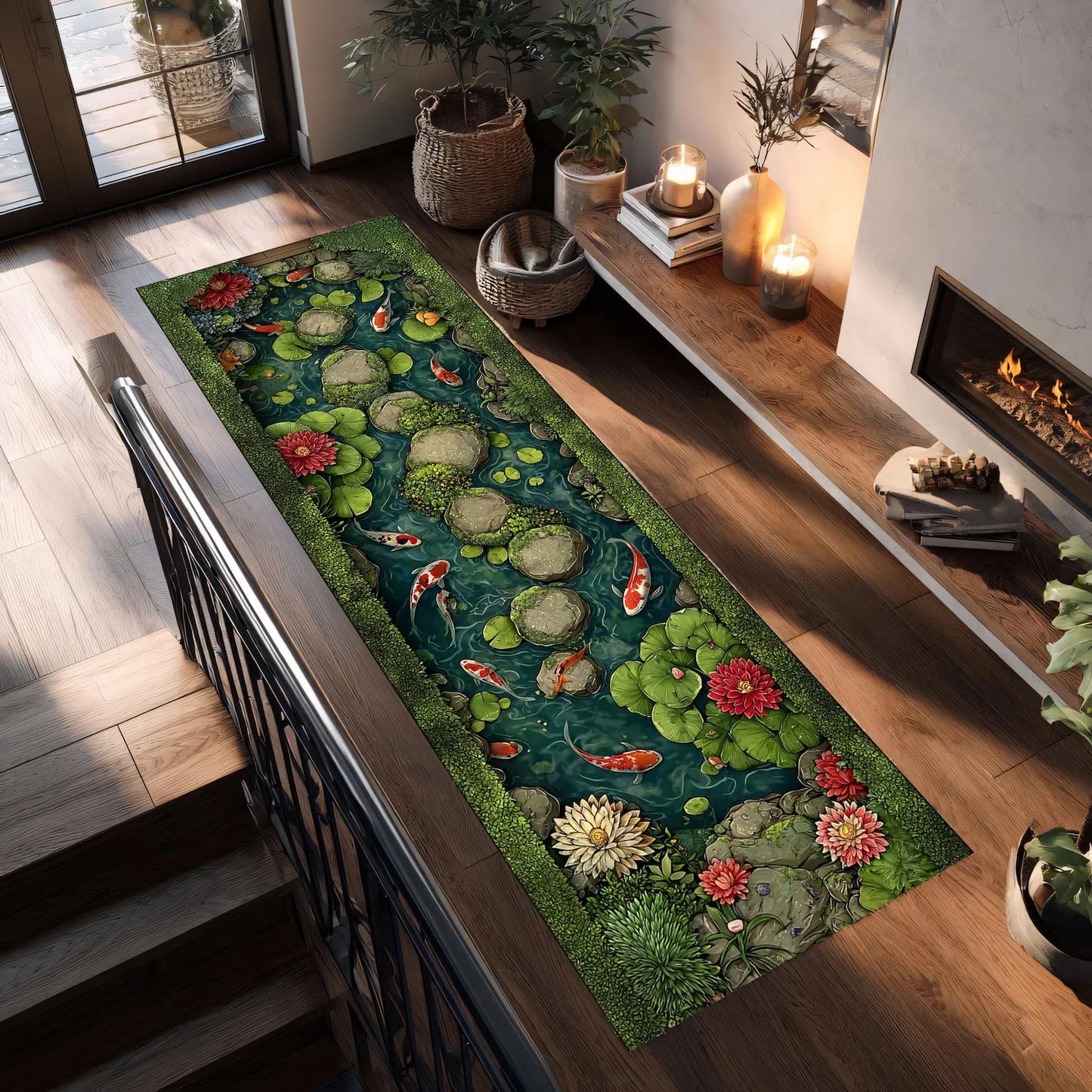 3D Koi Fish Them Pond Runner Rug Non Slip Carpet for Hallway Living Room Bedroom  Kitchen Laundry Room Entryway Door Home Decor